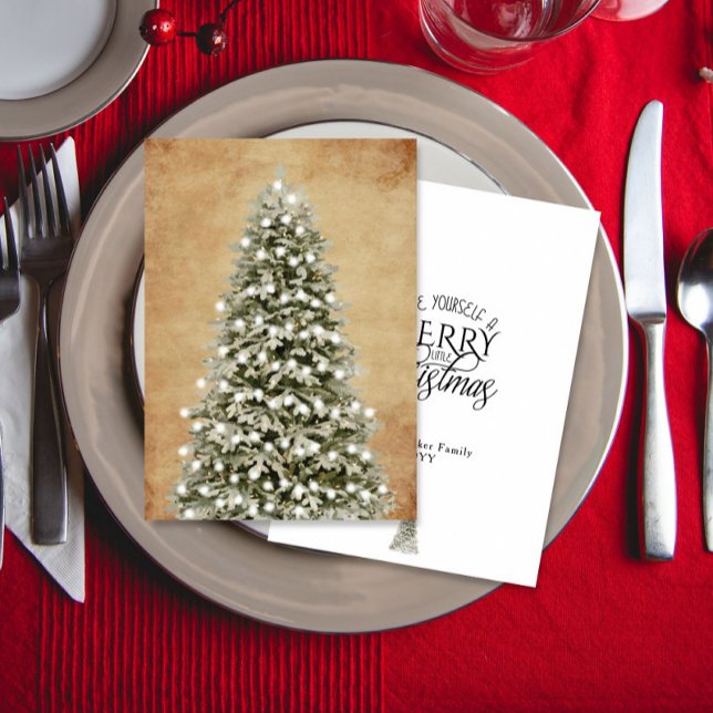 Cartão De Festividades Watercolor Merry Little Christmas Tree Parchment (Criador carregado)