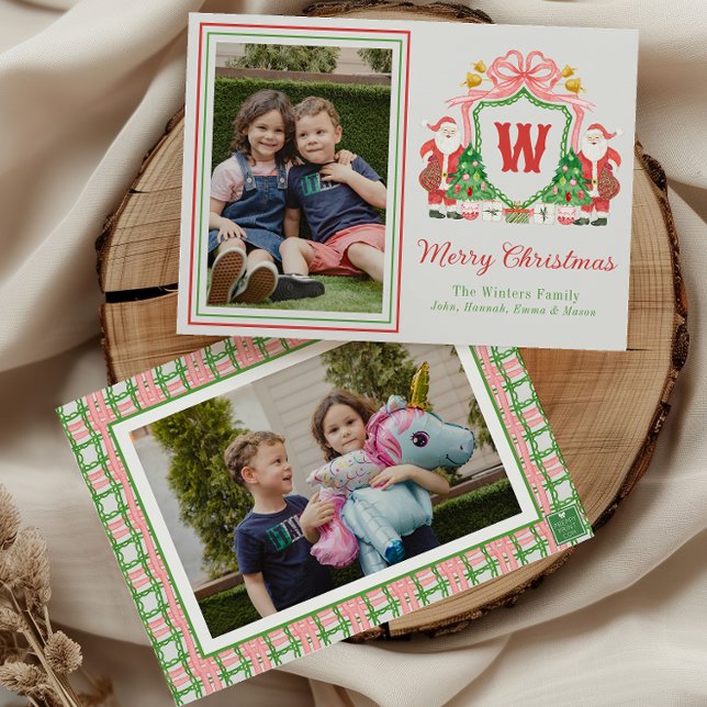 Cartão De Festividades Watercolor Monogram Initial Santa Crest Photo (Criador carregado)