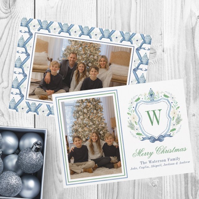 Cartão De Festividades Watercolor Monograma Chinoiserie Jar Crest Foto (Criador carregado)