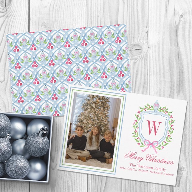 Cartão De Festividades Watercolor Monograma Chinoiserie Jar Crest Foto (Criador carregado)