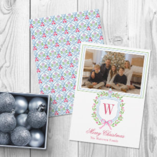 Cartão De Festividades Watercolor Monograma Chinoiserie Jar Crest Foto