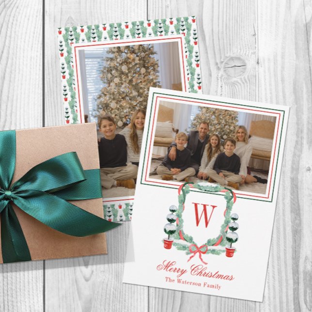 Cartão De Festividades Watercolor Monograma Topiary Crest Foto (Criador carregado)