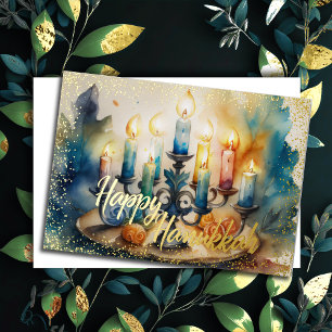 Cartão De Festividades Watercolor Painting Menorah Happy Hanukkah