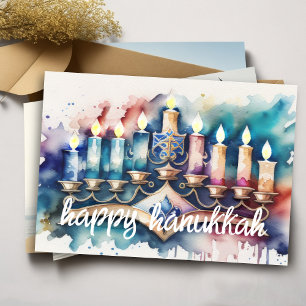 Cartão De Festividades Watercolor Painting Menorah Happy Hanukkah