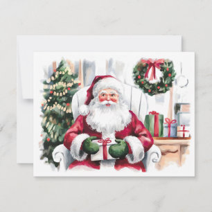 Cartão De Festividades Watercolor Papai Noel com presentes, árvore de nat