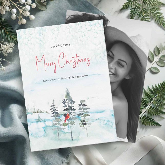 Cartão De Festividades Watercolor Photo Christmas Cards (Photo Christmas cards with watercolor winter scenery by Victoria Grigaliunas of Do Tell A Belle)