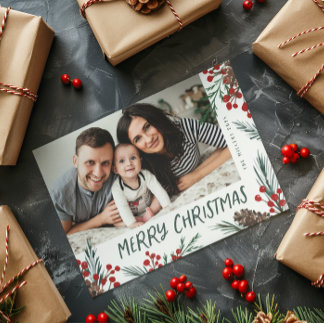 Cartão De Festividades Watercolor pine and Berry Botanical photo