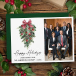 Cartão De Festividades Watercolor Pine Company Photo<br><div class="desc">Modern Elegant Calligraphy Ink Script Watercolor Pines Winter Greenery with Burgundy Red Ribbon Bow Christmas Ornaments,  Pine Cones and Holly Berries Company Photo Happy Holidays Card - Green</div>