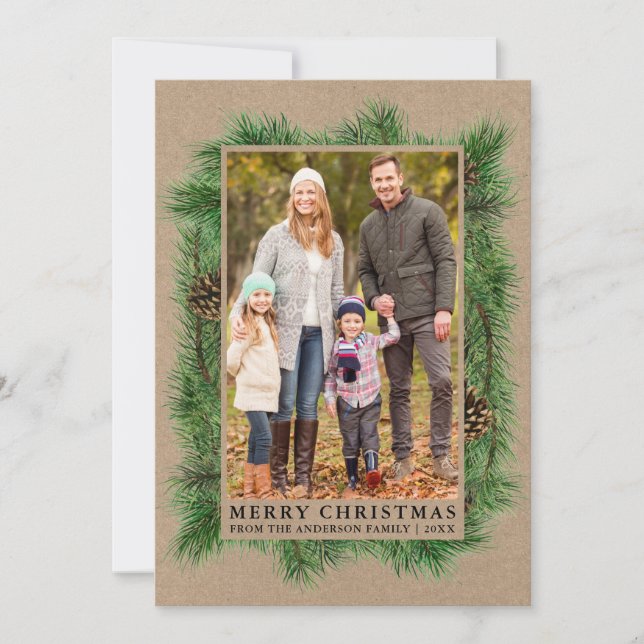 Cartão De Festividades Watercolor Pine Family Photo Kraft (Frente)