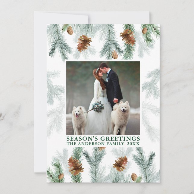 Cartão De Festividades Watercolor Pine Greenery Season é Verde (Frente)