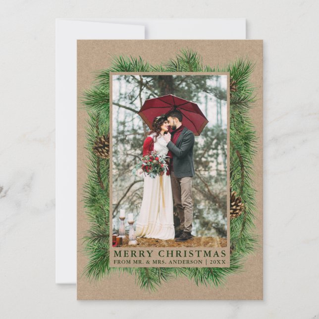 Cartão De Festividades Watercolor Pine Weding Photo Kraft Green (Frente)