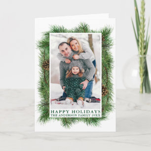 Cartão De Festividades Watercolor Pines Frame Happy Holidays Green Folded