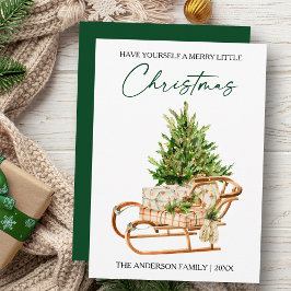 Cartão De Festividades Watercolor Pines Sleigh Calliographic Script Ink