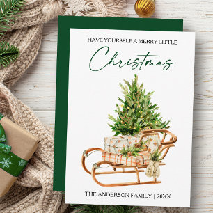 Cartão De Festividades Watercolor Pines Sleigh Calliographic Script Ink