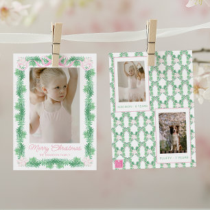 Cartão De Festividades Watercolor Pink & Green Christmas Garland Photo