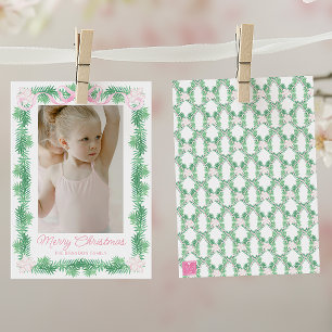 Cartão De Festividades Watercolor Pink & Green Christmas Garland Photo