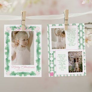 Cartão De Festividades Watercolor Pink & Green Christmas Garland Photo