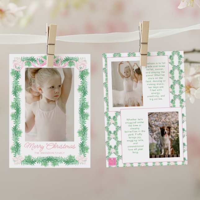 Cartão De Festividades Watercolor Pink & Green Christmas Garland Photo (Criador carregado)