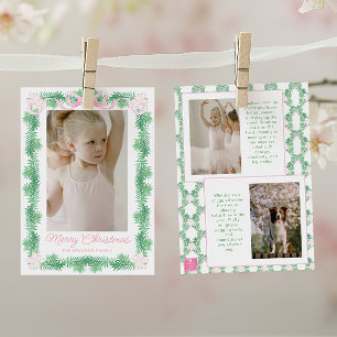 Cartão De Festividades Watercolor Pink & Green Christmas Garland Photo