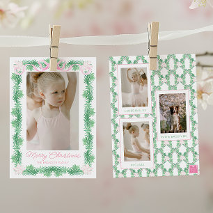 Cartão De Festividades Watercolor Pink & Green Christmas Garland Photo