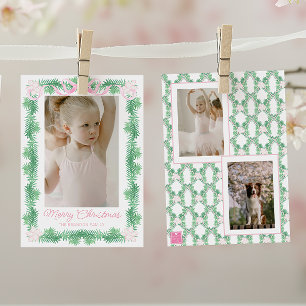 Cartão De Festividades Watercolor Pink & Green Christmas Garland Photo