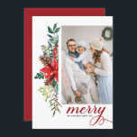 Cartão De Festividades Watercolor Poinsettia Botânica Feliz Natal<br><div class="desc">Feliz e brilhante! Celebre o Natal com esta carta chata de Natal com fotografia a água. Apresenta a terra floral de cor-de-água das poinsettias vermelhas,  pinecones,  bagas e verde. Personalize adicionando fotos,  nomes e mensagens. Este Cartões de foto de Natal botânico está disponível em outros estoques de cartão.</div>