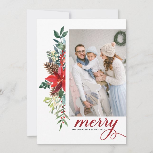 Cartão De Festividades Watercolor Poinsettia Botânica Foto de Natal (Frente)