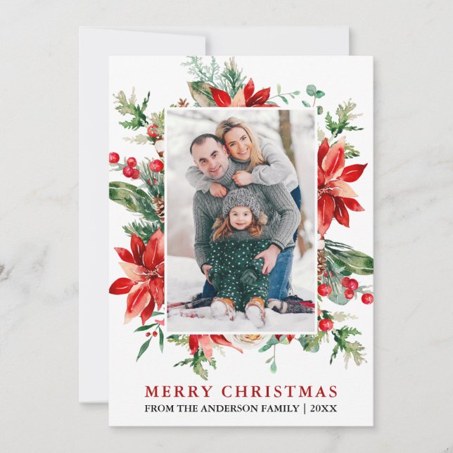 Cartão De Festividades Watercolor Poinsettia Foto Floral Natal (Frente)