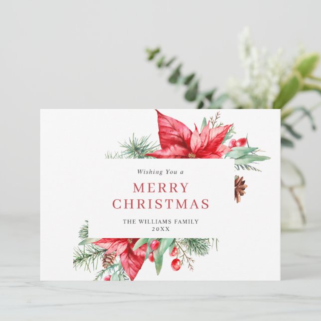 Cartão De Festividades Watercolor Poinsettia Mistletosaudação de Natal (Em pé/Frente)