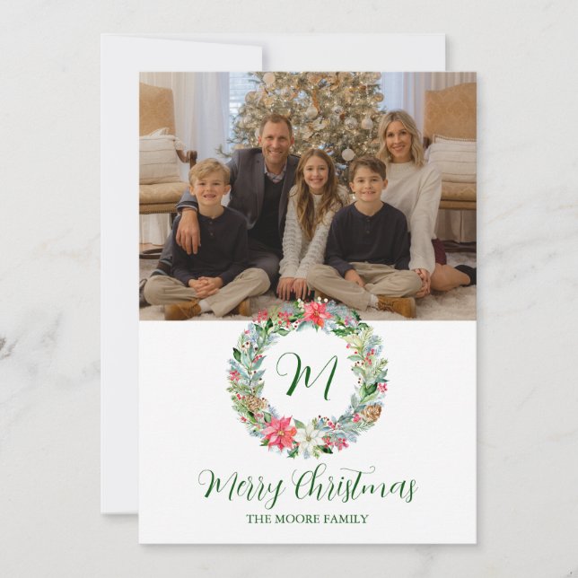 Cartão De Festividades Watercolor Poinsettia Wreath Monograma (Frente)