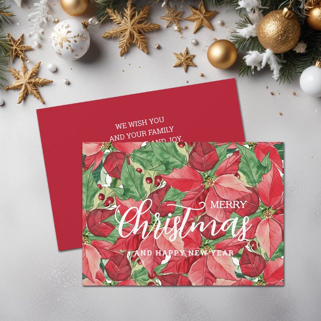 Cartão De Festividades Watercolor Poinsettias Feliz Natal (Watercolor Poinsettias Merry Christmas Flat Holiday Greeting Cards)
