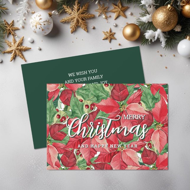 Cartão De Festividades Watercolor Poinsettias Merry Christmas (Watercolor Poinsettias Merry Christmas Holiday Cards, PRINTED and/or INSTANT DOWNLOAD)