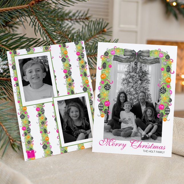 Cartão De Festividades Watercolor Preppy Bright Christmas Garland Photo (Criador carregado)