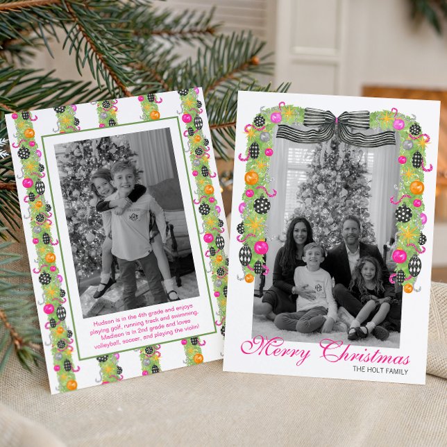 Cartão De Festividades Watercolor Preppy Bright Christmas Garland Photo (Criador carregado)