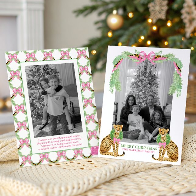 Cartão De Festividades Watercolor Preppy Leopard Garland Christmas (Criador carregado)