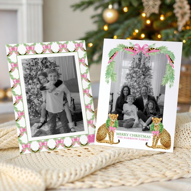Cartão De Festividades Watercolor Preppy Leopard Garland Christmas (Criador carregado)