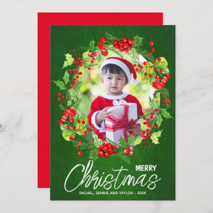 Cartão De Festividades Watercolor Red Berries Greenery Foto de Natal