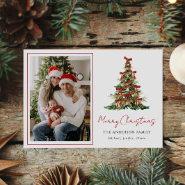 Cartão De Festividades Watercolor Red Bow Christmas Tree Photo