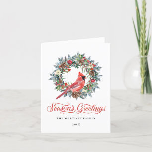 Cartão De Festividades Watercolor Red Cardinal Pine Wreath Christmas Holi