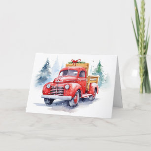 Cartão De Festividades Watercolor Red Retro Christmas Truck