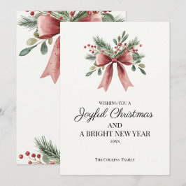 Cartão De Festividades Watercolor Red Ribbon Arco Berries Natal Russo