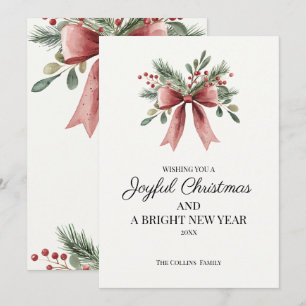 Cartão De Festividades Watercolor Red Ribbon Arco Berries Natal Russo