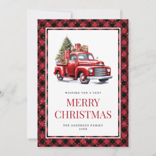 Cartão De Festividades Watercolor Red Truck Buffalo Xadrez Natal