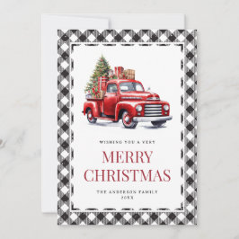 Cartão De Festividades Watercolor Red Truck Buffalo Xadrez Natal