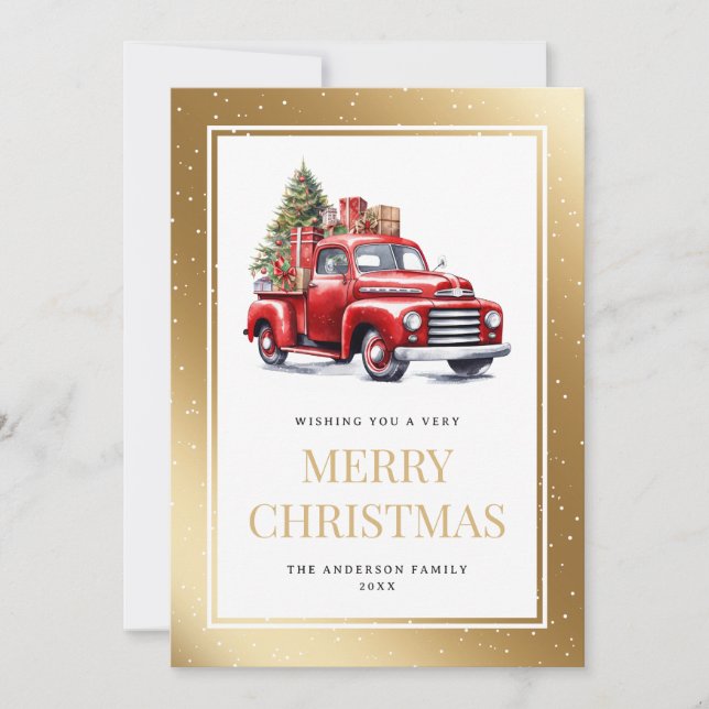 Cartão De Festividades Watercolor Red Truck Dourado Natal (Frente)