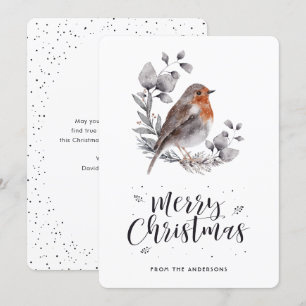 Cartão De Festividades Watercolor Robin Bird Wreath Merry Christmas Card