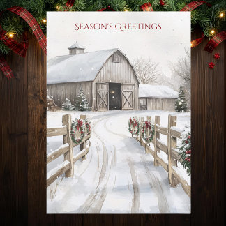 Cartão De Festividades Watercolor Rustic Winter Barn Season's Greetings