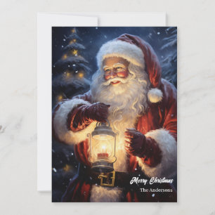 Cartão De Festividades Watercolor Santa Claus com uma lanterna de Natal