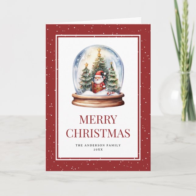 Cartão De Festividades Watercolor Snow Globe Red Merry (Frente)