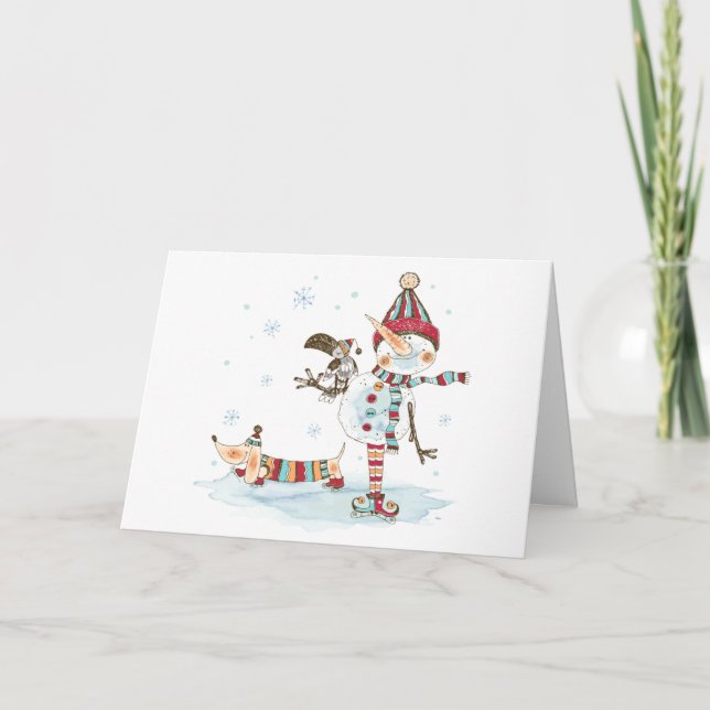 Cartão De Festividades Watercolor Snowman e Dachshund (Frente)